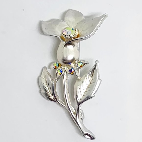 Vintage Silver Flower Pin with Aurora Borealis Rhinestones Pin Brooch - Picture 4 of 8